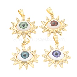 Brass Zirconia Pendants, Real 18K Gold Plated, Long-Lasting Plated, with Resin Cabochons, Eye with Sun, Mixed Color, 28x26x7mm, Hole: 3.5x5.5mm(ZIRC-J025-77G)