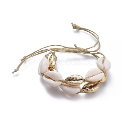 Adjustable Waxed Cotton Cord Braided Bead Bracelets Sets, with Electroplated Cowrie Shell Beads and Natural Cowrie Shell Beads, White, Golden, 3~9cm, 2pcs/set(BJEW-JB05121)