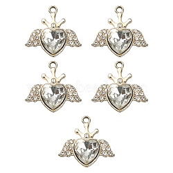 Alloy Rhinestone Pendants, Light Gold Tone Heart with Wing Charms, Crystal, 21.5x22.5x5.5mm, Hole: 2mm(ALRI-YW0001-08)