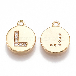 Brass Cubic Zirconia Charms, Flat Round with Letter, Real 18K Gold Plated, Clear, Letter.L, 12x10x2mm, Hole: 1mm(X-KK-T038-194G-L)
