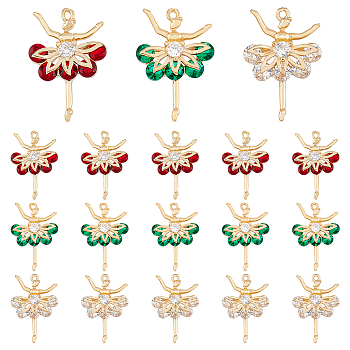 18Pcs 3 Colors Glass Pendants, with Light Gold Brass Micro Pave Cubic Zirconia Findings, Ballet Dancer Charms, Mixed Color, 21.5x15x4.5mm, Hole: 1mm, 6Pcs/color