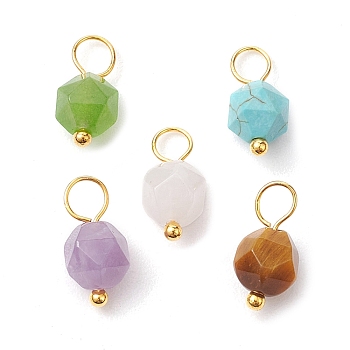 Faceted Natural Mixed Gemstone Star Cut Round Charms, with Brass Loops, Mixed Dyed and Undyed, Golden, 12.5x6mm, Hole: 3mm