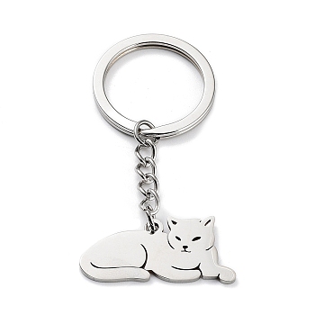 Animal 304 Stainless Steel Pendant Keychains, with Key Ring, Stainless Steel Color, Cat Shape, 6cm