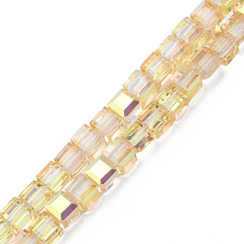 Electroplate Transparent Glass Beads Strands, Faceted, Cube, Gold, 7x7x7mm, Hole: 1.4mm, about 100pcs/strand, 26.77 inch(68cm)