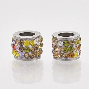 201 Stainless Steel Beads, with Polymer Clay Rhinestone, Column, Colorful, 5.5x7mm, Hole: 3.5mm
