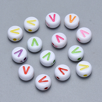 Craft Acrylic Horizontal Hole Letter Beads, Flat Round, Mixed Color, Letter.V, 7x3.5~4mm, Hole: 1.5mm, about 3600pcs/500g