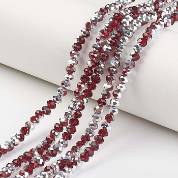 Electroplate Transparent Glass Beads Strands, Half Silver Plated, Faceted, Rondelle, Dark Red, 10x8mm, Hole: 1mm, about 62pcs/strand, 20 inch