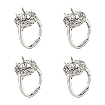 4Pcs Adjustable Brass Micro Pave Clear Cubic Zirconia Finger Ring Components, 4 Claw Prong Ring Settings, Long-Lasting Plated, Flower, Platinum, US Size 7(17.3mm), Tray: 10x8mm