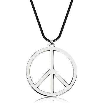 Stylish Stainless Steel Peace Sign Pendant Necklace Hip-hop Leather Necklace Jewelry