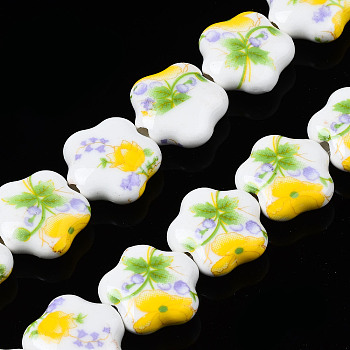 Handmade Porcelain Ceramic Beads Strands, Flower Printed, Flower, Yellow, 14x15x6mm, Hole: 1.8mm, about 23pcs/strand, 12.4 inches(31.5cm)