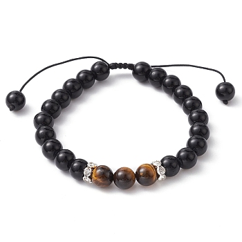 Natural Black Stone & Tiger Eye Round Braided Bead Bracelets, Adjustable Bracelet, Inner Diameter: 2-1/4~2-7/8 inch(5.8~7.3cm)