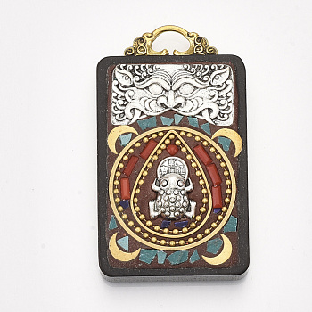 Handmade Indonesia Big Pendants, Wood Settings, with Brass Findings and Alloy Loop, Rectangle with Frog, Colorful, 58x33x12mm, Hole: 8x4mm