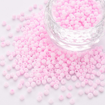 8/0 Opaque Glass Seed Beads, Round Hole, Frosted Colours, Round, Pearl Pink, 3~4x2~3mm, Hole: 0.8mm, about 15000pcs/Pound