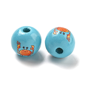 Natural Wood European Beads, Ocean Theme Printed lotus Beads, Large Hole Beads, Sky Blue, Crab, 16x15mm, Hole: 4mm