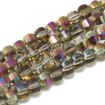 Electroplate Glass Beads Strands, Rainbow Plated, Faceted, Round, Dark Goldenrod, 6x5x5mm, Hole: 1mm, about 95~96pcs/strand, 17.20 inch(43.7cm)