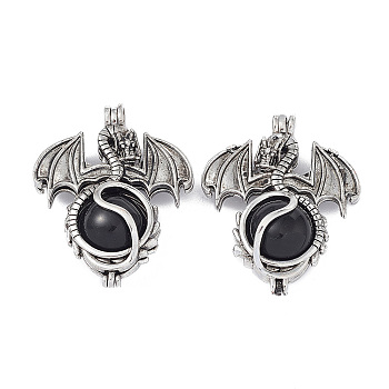 Natural Obsidian Pendants, Dragon Charms, with Rack Plating Antique Silver Plated Brass Findings, Cadmium Free & Lead Free, 47x37x19mm, Hole: 4mm