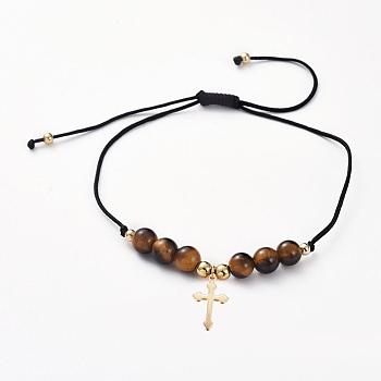 Adjustable Braided Bead Bracelets, with Natural Tiger Eye Beads, Nylon Thread, Golden Plated 304 Stainless Steel Pendants and Brass Beads, Cross, 5/8 inch~3 inch(1.5~7.5cm)