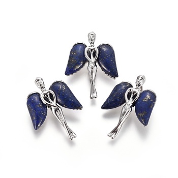 Natural Lapis Lazuli Pendants, with Platinum Tone Brass Findings, Angel, 34x23x8mm, Hole: 5x3mm
