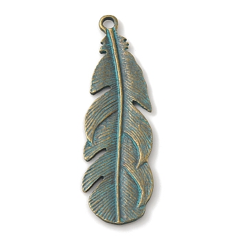 Tibetan Style Alloy Pendants, Feather, Antique Bronze & Green Patina, 57x18x1.5mm, Hole: 2.5mm
