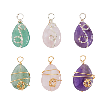 4 Sets Natural Mixed Gemstone Pendants, Natural Rose Quartz & Amethyst & Green Aventurine, with Copper Wire Wrapped, Teardrop Charm, Golden & Silver, 24.5x14x7.5mm, Hole: 3.6mm, 3pcs/set
