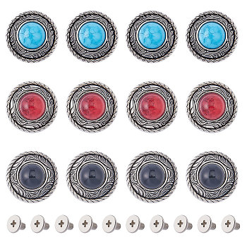 21 Sets 3 Colors Alloy Buttons, with Synthetic Turquoise and Iron Screws, for Purse, Bags, Leather Crafts Decoration, Flat Round, Mixed Color, 20mm, 7 sets/color