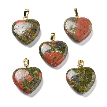 Natural Unakite Pendants, with Brass Findings, Heart, 22~23x20x5mm, Hole: 6.5x3.5mm