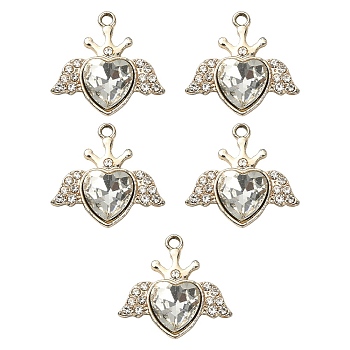 Alloy Rhinestone Pendants, Light Gold Tone Heart with Wing Charms, Crystal, 21.5x22.5x5.5mm, Hole: 2mm