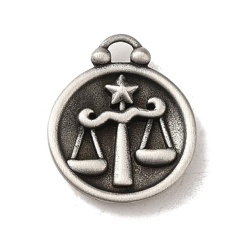 304 Stainless Steel Pendants, Flat Round with Constellations Charm, Antique Silver, Libra, 20.5x17x3mm, Hole: 2.5x2mm