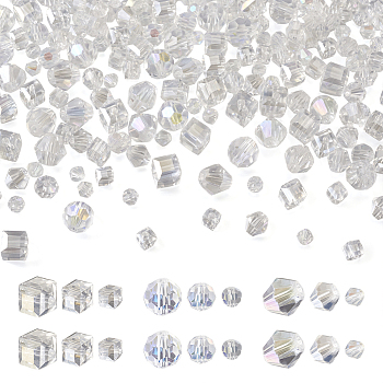 300Pcs 9 Style Electroplate Glass Beads Strands, AB Color, Faceted, Round & Cube & Bicon, Clear AB, 4~8x4~8x4~8mm, Hole: 0.8~1.5mm