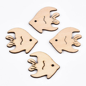 Undyed Natural Wooden Cabochons, Laser Cut, Tropical Fish, Antique White, 24.5x28x2.5mm, Hole: 1.6mm