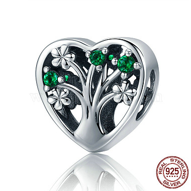 11mm Green Heart Sterling Silver+Cubic Zirconia Beads