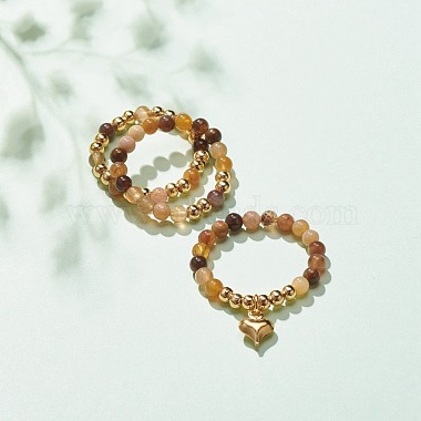 3 Uds. 3 anillos de dedo con cuentas de latón y piedras preciosas naturales de estilo con 304 colgantes de corazón de acero inoxidable para mujer(RJEW-JR00470)-5