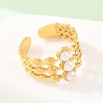 304 Stainless Steel with ABS Plastic Pearl Cuff Open Rings, Ion Plating(IP), Golden, 15mm, Inner Diameter: 18mm(RJEW-Z137-01G)