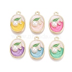 Alloy Enamel Pendants, Oval & Flower Charms, with ABS Imitation Pearl, Light Gold, Mixed Color, 21x13.5x5.5mm, Hole: 1.8mm(ENAM-N069-14KCG)
