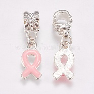 Metal Alloy European Dangle Pendants, Breast Cancer Pink Awareness Ribbon, with Enamel, 27mm(MPDL-H062-1)