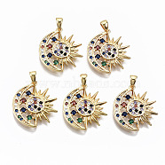 Brass Micro Pave Colorful Cubic Zirconia Pendants, Sun with Moon, Nickel Free, Real 18K Gold Plated, 21x18.5x2.5mm, Hole: 2x3mm(X-KK-R114-08-NF)