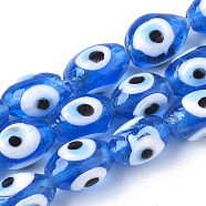 Handmade Evil Eye Lampwork Beads Strands, Rice, Blue, 8~9x13~14mm, Hole: 1.8mm, about 30pcs/strand, 15.16 inch(38.5cm)(LAMP-R143-03B)