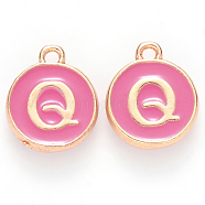 Golden Plated Alloy Enamel Charms, Cadmium Free & Lead Free, Enamelled Sequins, Flat Round with Letter, Camellia, Letter.Q, 14x12x2mm, Hole: 1.5mm(ENAM-S118-08Q)