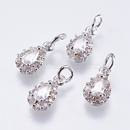 Brass Micro Pave Cubic Zirconia Charms, Cadmium Free & Lead Free, teardrop, Real Platinum Plated, 11x6x3.5mm, Hole: 3mm(RB-I077-15P-RS)