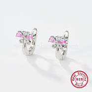Rhodium Plated Platinum Plated 925 Sterling Silver Hoop Earrings, Cubic Zirconia Butterfly Earrings, with 925 Stamp, Pink, 10x8mm(QT4632-2)