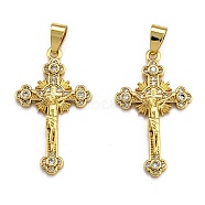 Brass Micro Pave Clear Cubic Zirconia Pendants, Long-Lasting Plated, Cross, Real 18K Gold Plated, 33x19x4.5mm, Hole: 3.5x5.5mm(X-ZIRC-J025-50G)