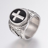 304 Stainless Steel Finger Rings, with Enamel, Wide Band Rings, Cross, Antique Silver, Size 10, 20mm(RJEW-G091-22-20mm-AS)