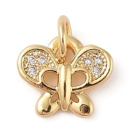 Brass Micro Pave Clear Cubic Zirconia Pendants, with Jump Ring, Butterfly Charms, Real 18K Gold Plated, 9x10.5x2mm, Hole: 3mm(ZIRC-P121-04G)