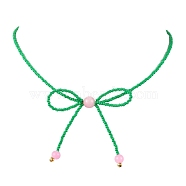 Glass Seed Pendant Necklaces for Women, Bowknot, Lime Green, 15.94 inch(40.5cm)(NJEW-MZ00031-04)