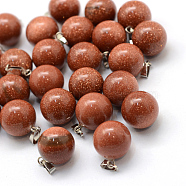 Round Synthetic Goldstone Pendants, with Platinum Tone Brass Findings, 17~19x13~14mm, Hole: 2x7mm(G-Q434-03)