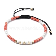 Adjustable Nylon Cord Braided Bead Bracelets, with Glass Seed Beads and Brass Beads, Red, Inner Diameter: 2-3/8~3-3/4 inch(5.9~9.4cm)(BJEW-JB05480-04)