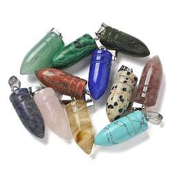 Natural & Synthetic Mixed Gemstone Pointed Pendants, Bullet Shaped Charms with 201 Stainless Steel Snap on Bails, Stainless Steel Color, Mixed Dyed and Undyed, 29.5x10mm, Hole: 4x7mm(G-B127-18P)