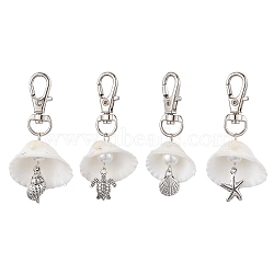 4Pcs 4 Styles Sea Animal Alloy & Natural Shell Pendant Decorations, Swivel Clasps Charms for Bag Ornaments, Antique Silver & Platinum, 59~63mm, 1pc/style(HJEW-JM02015)