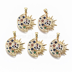 Brass Micro Pave Colorful Cubic Zirconia Pendants, Sun with Moon, Nickel Free, Real 18K Gold Plated, 21x18.5x2.5mm, Hole: 2x3mm(X-KK-R114-08-NF)