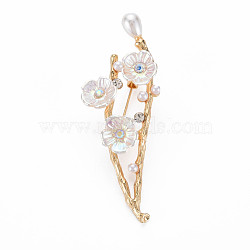 Plum Blossom with Branch Resin Brooch with Imitation Pearl, Crystal Rhinestone Flower Lapel Pin for Backpack Clothes, Nickel Free & Lead Free, Light Gold, 25x62x15mm, Pin: 0.8mm(JEWB-N007-023LG-FF)